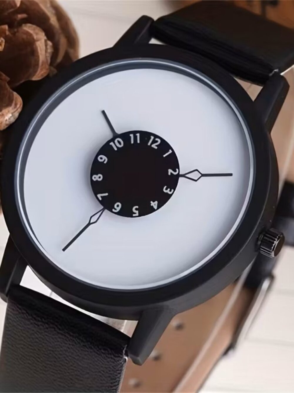 Minimalist Unique Dial Unisex Analog Quartz Wrist Watch Black Band, White Face